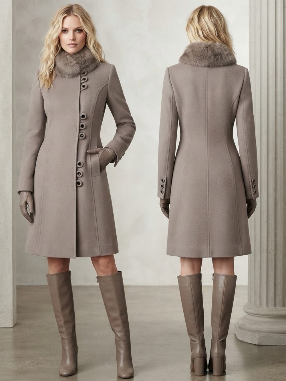 NWT WOMEN WINTER COAT REAL RACCOON FUR COLLAR WOOL BLEND ASYMMETRIC FRONT LINED